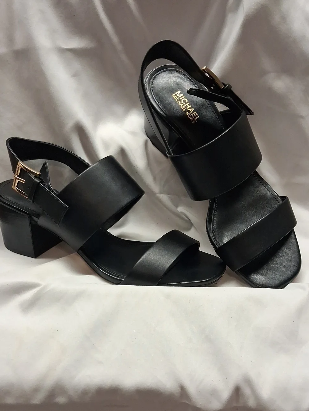 Michael Kors Black Leather Double-Strap Sandals with Gold Buckle